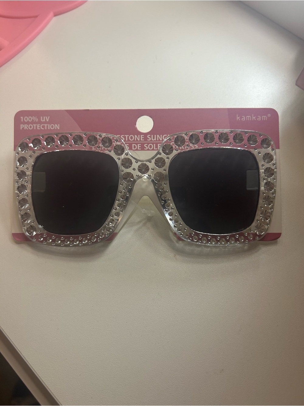 Embellished Square Rhinestone Sunglasses - Clear Frame, Black Lenses